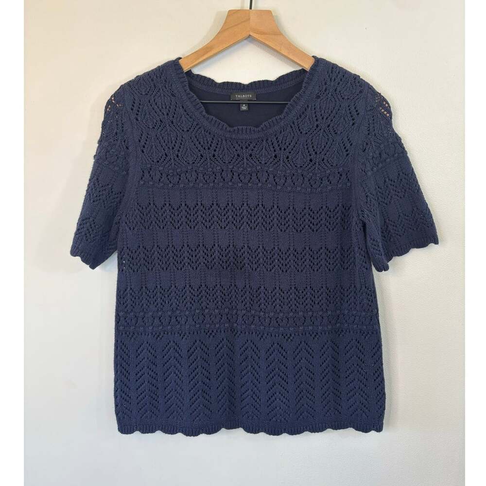 Talbots Layered Navy Short Sleeve Open Weave Sweater Size Medium